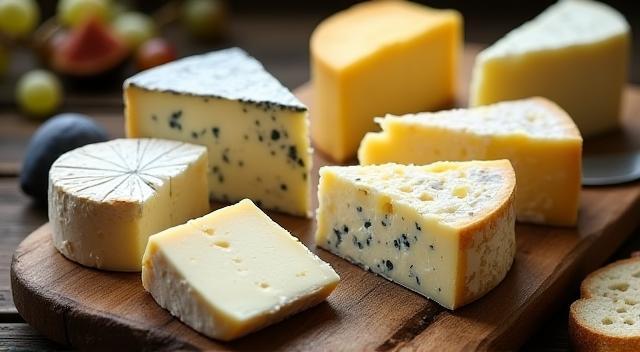 Assortment of French cheeses on a wooden board
