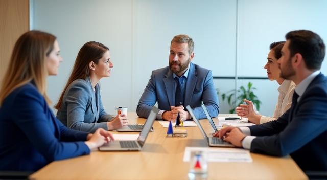 Business professionals in a meeting with a French context