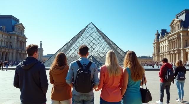 Small group on a cultural tour in front of the Louvre Museum