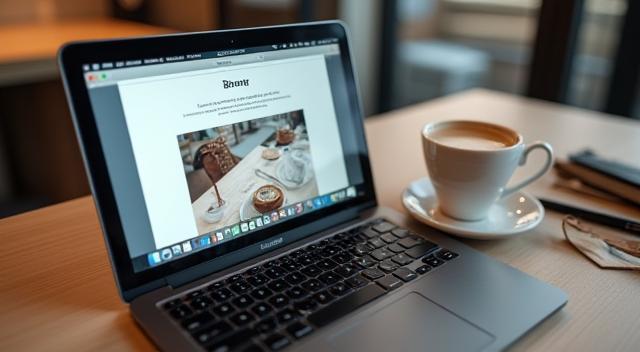 Laptop showing blog content with a cup of coffee